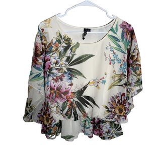 Milano Blouse Women's Medium Ruffle Round Neck Floral Artsy Colorful Shirt Top